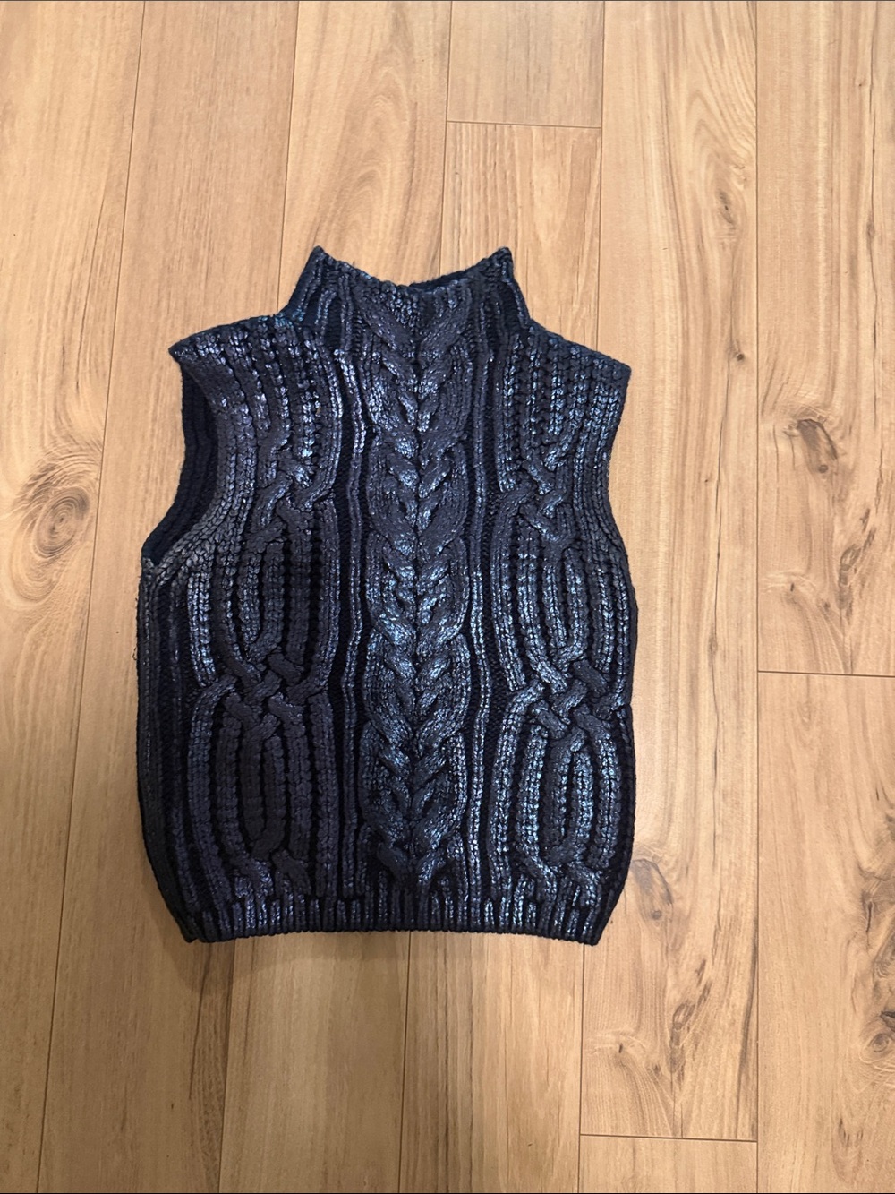 Jason Wu EDIT Navy Cable-Knit Sleeveless Metallic Turtleneck Tank